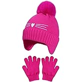 Girls Winter Hat and Gloves Set, Kids Cat Embroidered Knit Beanie with Earflaps Fleece Lined Pom Pom Ski Cap for 2-10Y