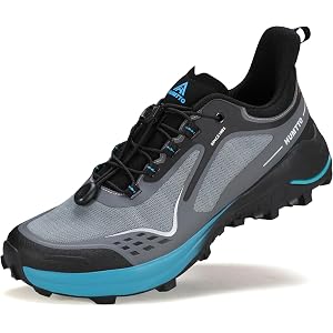 HUMTTO Men's Hiking Sneakers Quick Lace Lightweight Trail Running Shoes Breathable Outdoor Walking Shoes Grey/Black 10