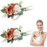 Aunthvra Caramel Corsage and Boutonniere Set for Bride Groom, Artificial Rose Flower Wrist Corsage Bracelets Homecoming Flowers Prom Suit Accessories Boutonniere for Wedding Prom Party Decorations