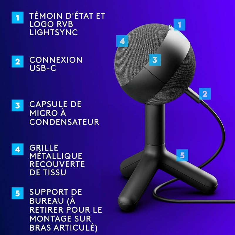 Yeti Orb microphone gaming RVB à condensateur avec LIGHTSYNC