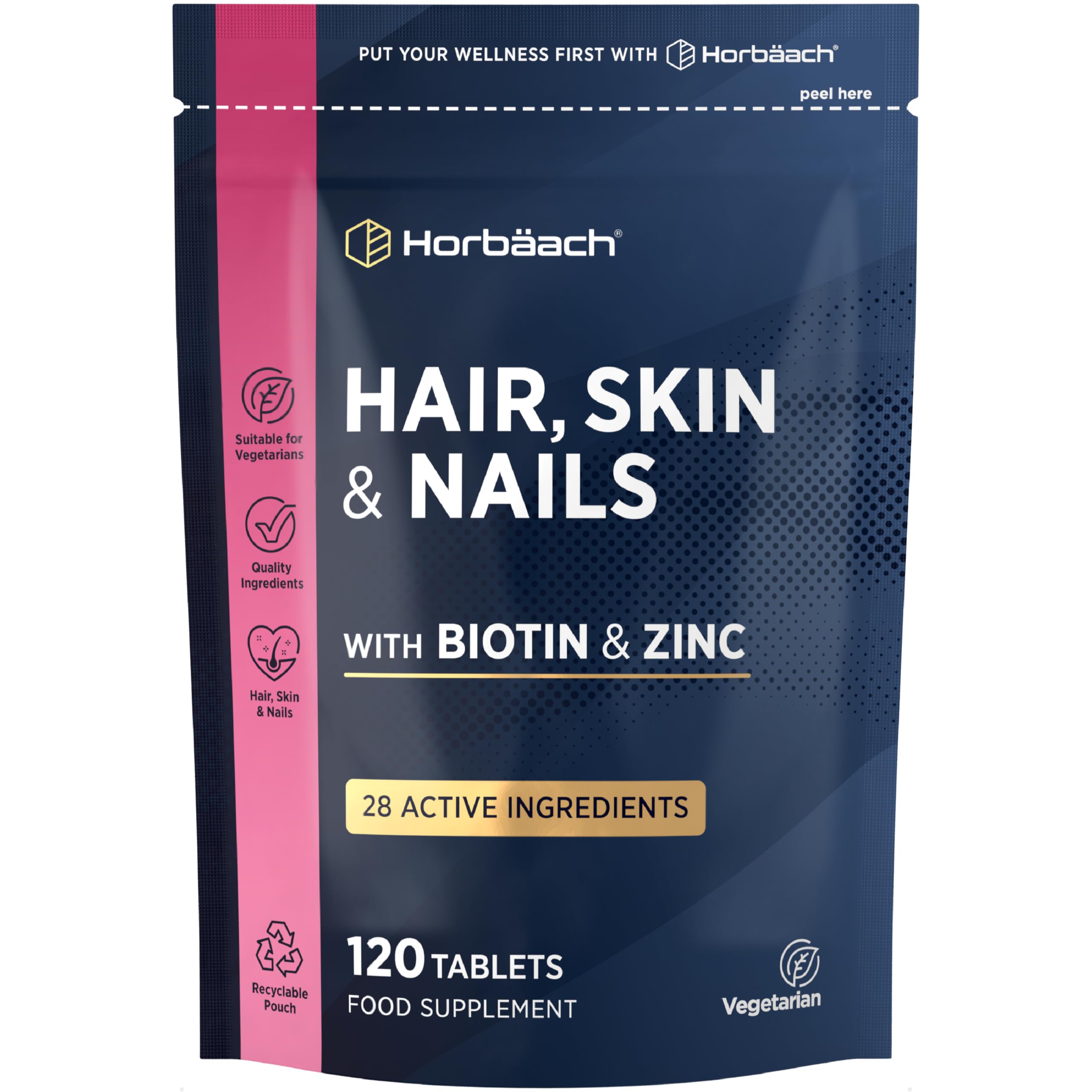Hair Skin and Nails Vitamins | Biotin Hair Growth | with Biotin, Zinc and Selenium | Beauty Supplement for Women and Men | 120 Vegetarian Tablets | by Horbaach