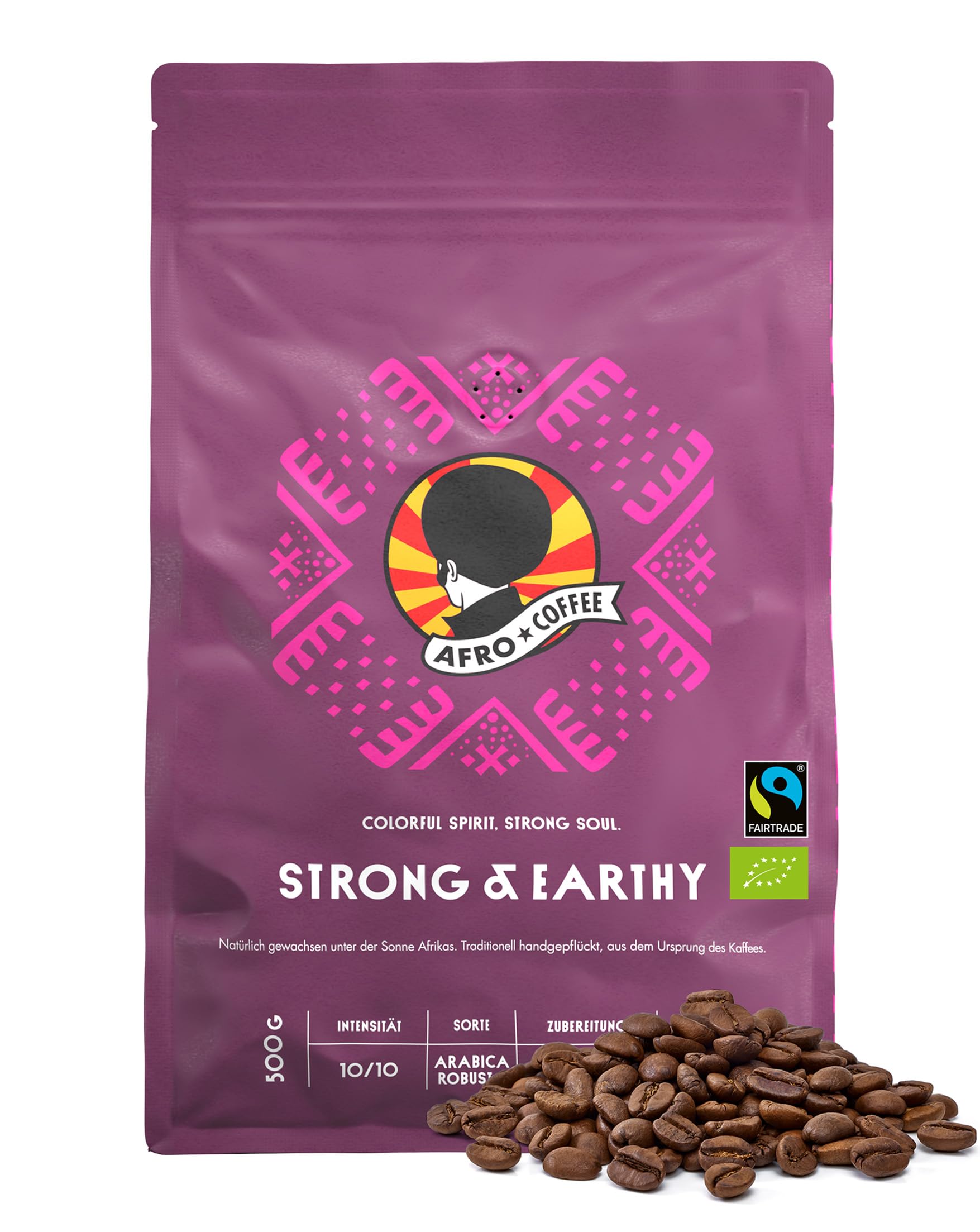 AFRO COFFEE Strong & Earthy I 500g Premium Bio Kaffeebohnen Fairtrade I Arabica & Robusta Bohnen I Bohnenkaffee aus Ostafrika mit nussiger Note I Kaffee Bohnen handgepflückt, dunkel geröstet, säurearm