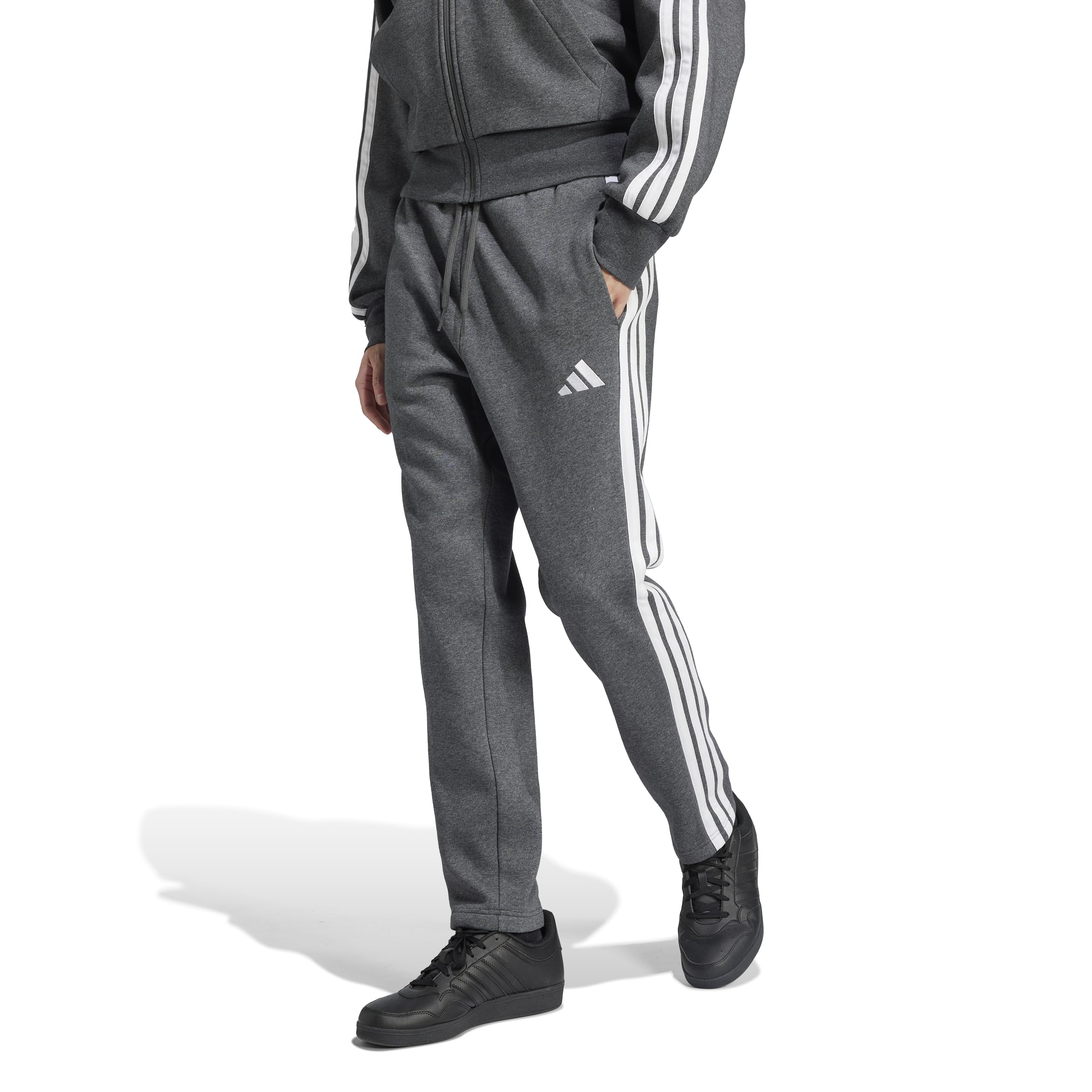 adidas Mens Essentials 3-Stripes Fleece Sportswear Pants, Dark Grey Heather/White, XX-Large Image