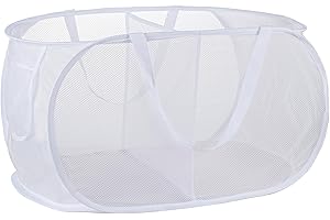 XIAYAN collapsible Mesh Popup laundry basket，2 Compartments-Laundry Hamper with Strong Handles ，Easy to Open and Fold for Dorm, Laundry Room, Bedroom, RV… (White)…