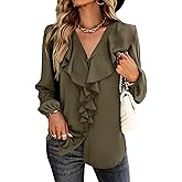 Vrtige Women's V Neck Ruffle Front Button Down Long Sleeve Blouse Top Shirt