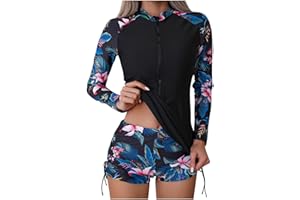 OIANGI 2 Piece Rash Guard for Women Zipper Front Long Sleeve Swimsuit with Boyshorts UPF 50+ Surfing Floral Bathing Suits