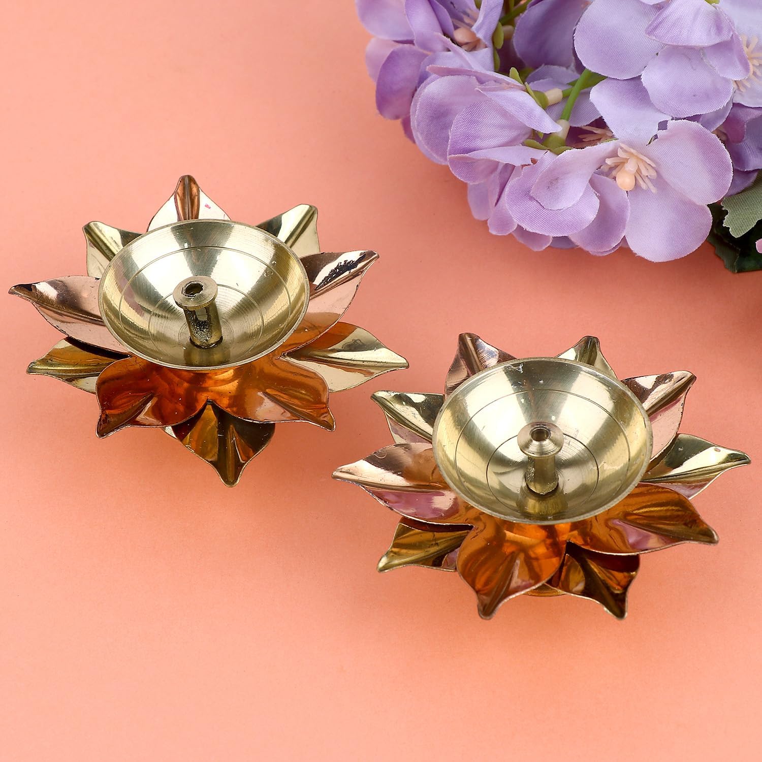Oil Lamps & Accessories - Craftsman 2 Pc Set of Brass Copper Lotus Flower Petals Kamal Shape Metal Akand Diya for Traditional Indian Festive Diwali Deepawali Puja Pooja Dia Home Temple Decoration Oil Lamp Gift Item