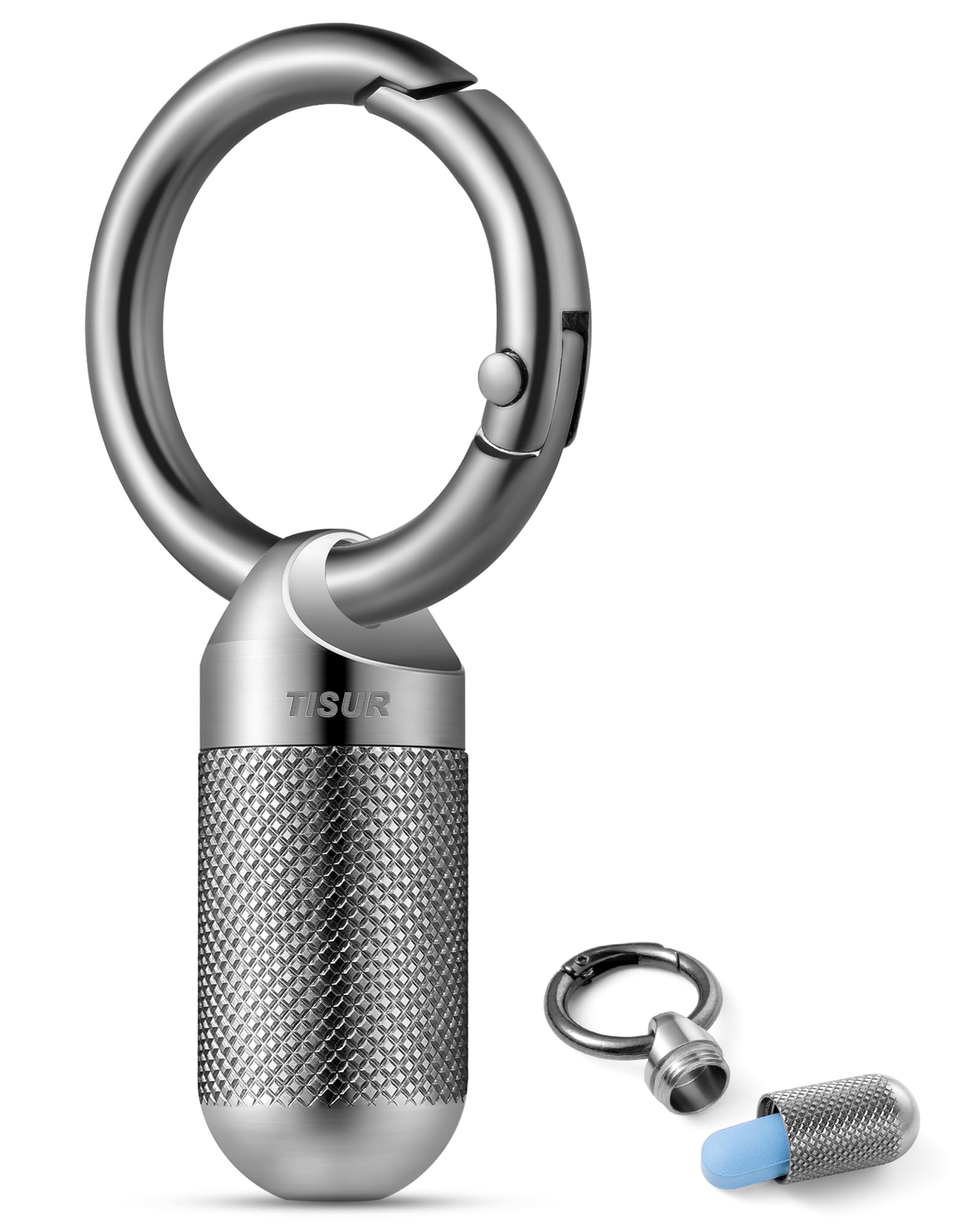 Photo 1 of TISUR Titanium Keychain Pill Holder Small Metal Pill Case, Pill Organizer Portable Waterproof Pill Container, Travel Pill Bottle Box for Purse (Tiny-0.39inch)