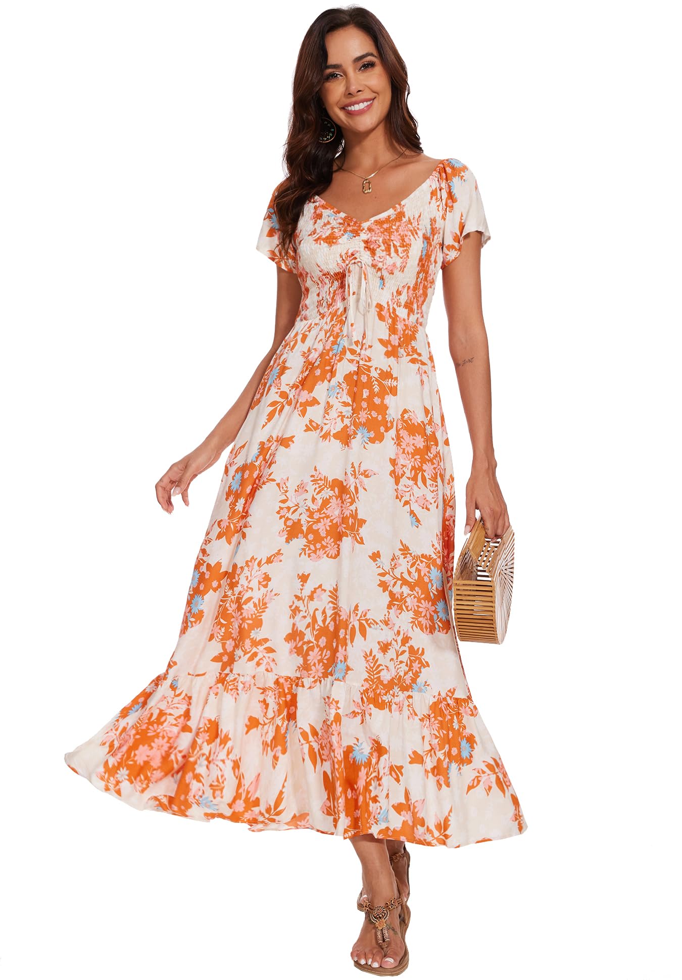 Sanmuzi Women's Off the Shoulder Boho Dress 2025 Casual Floral Print Summer Short Sleeve Swing A Line Beach Maxi Dresses Image