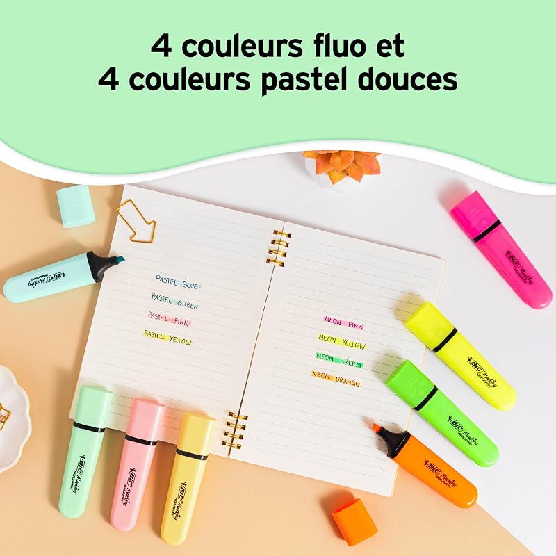 Marking Surligneurs à pointe biseautée et Longue Durée pour Usage Scolaire et Professionnel (1.2 mm-4.6 mm) - Couleurs Assorties Néon et Pastel, Boîte de 10