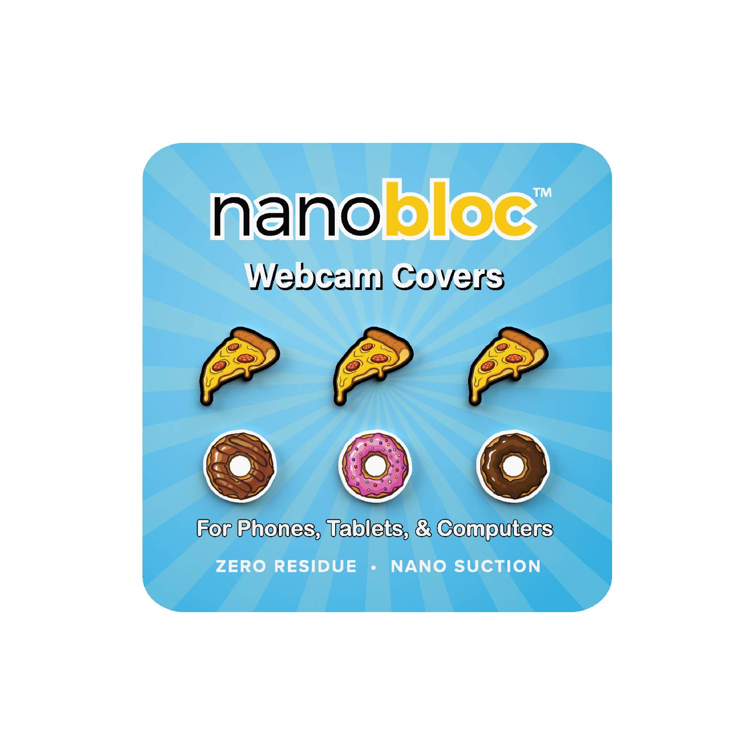 NanoBloc Webcam Cover - Universal Reusable Camera Cover for All Devices - Safe Screen Closure, Strong Nano Suction No Residue (6-Pack, Pizza Donut)