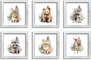 LUZHIQIANG Woodland Animal Nursery Wall Art Decor 8x8 Inch Set of 6 Safari Bear Deer Fox Raccoon Rabbit Wolf Children's Jungle Boys Girls Room Wood Framed Forest Animal Wall Hanging (White)