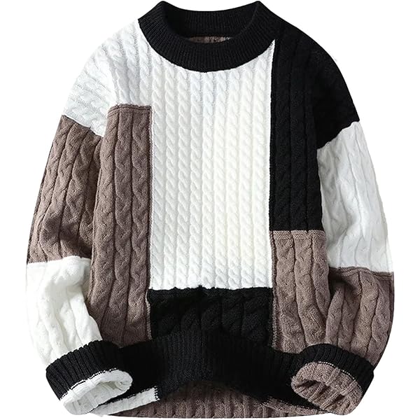 Men's Patchwork Cable Knit Wool Pullover Thick Insulated Crew Neck