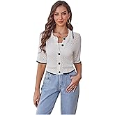 GORGLITTER Women's Crochet Short Sleeve Cropped Cardigan Sweater Button Up Hollow Out Summer Contrast Binding Knitwear