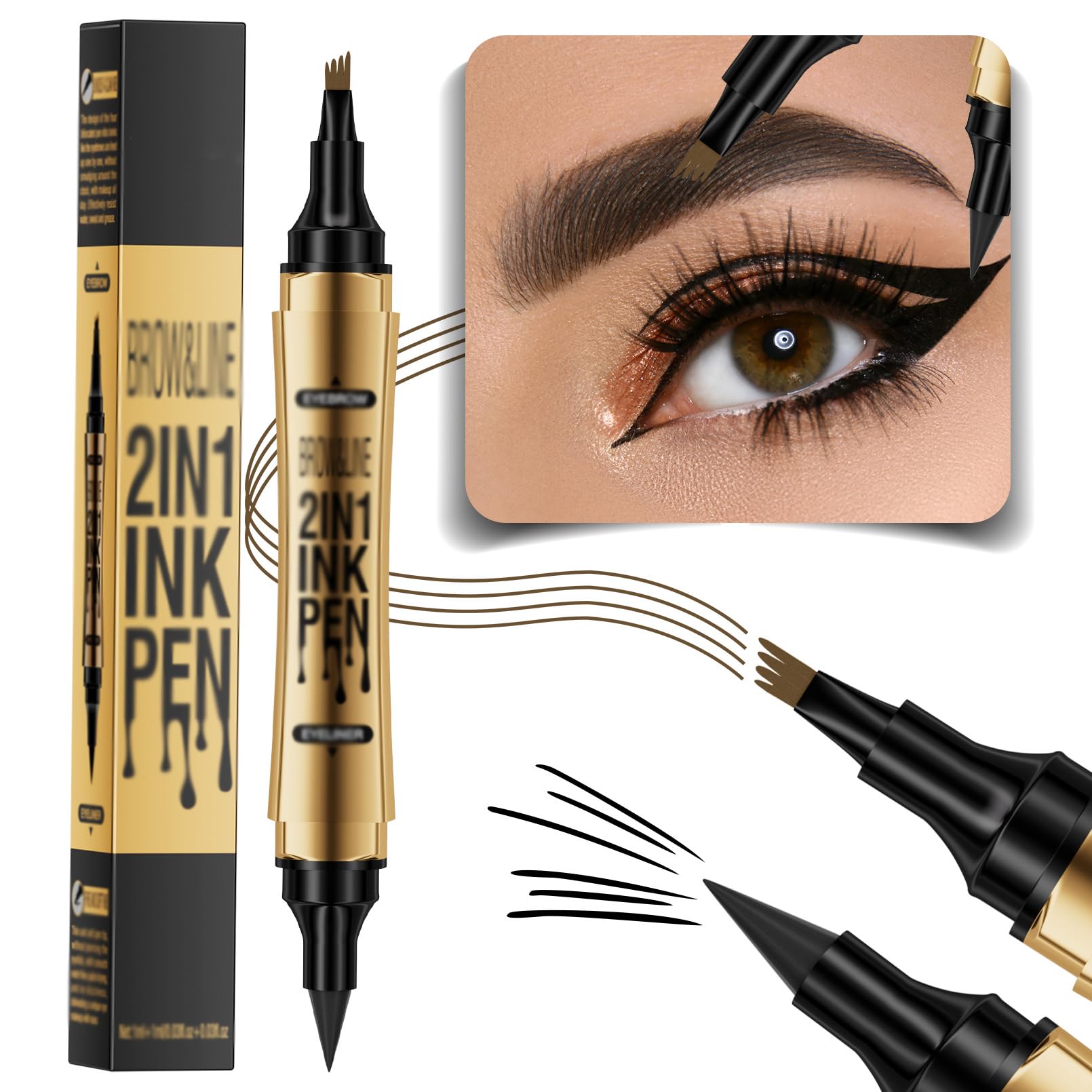 2-In-1 Eyebrow Pencil Dark Brown and Eyeliner Black,Faux Brow for Up to 24 Hours,Waterproof,Transfer and Smudge-Resistant,Easy Creation of Eyeliner Natural Looking Brows and Eyebrows(Dark Brown 02)