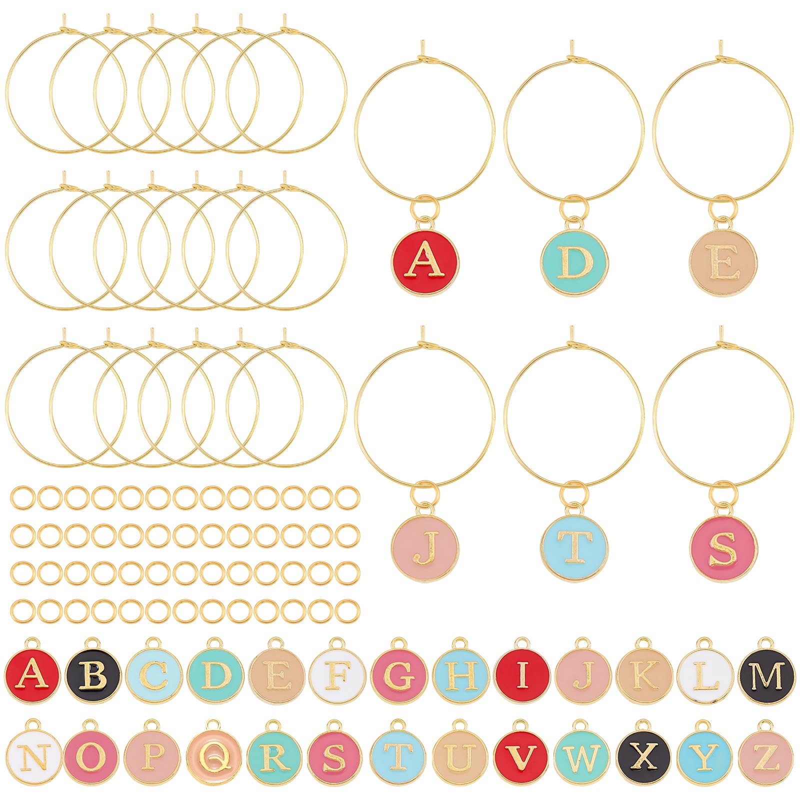 SUNNYCLUE 1 Box 26 Set Drink Identifiers Markers Wine Glass Tag Charms Including Alphabet Letter Alloy Enamel Pendants Brass Charm Rings Jump Rings for Party Favors Family Gathering