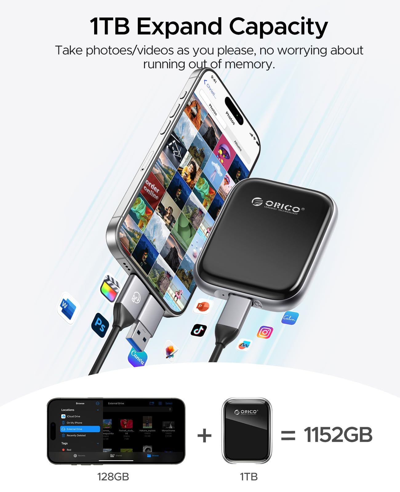 ORICO 1TB Portable SSD Up to 2000MB/s External Solid State Drive, USB 3.2 Gen 2x2 20Gbps with 2 in 1 USB C Cable, Compatibility with MacBook, iPad, iPhone 15, PSSD - A20