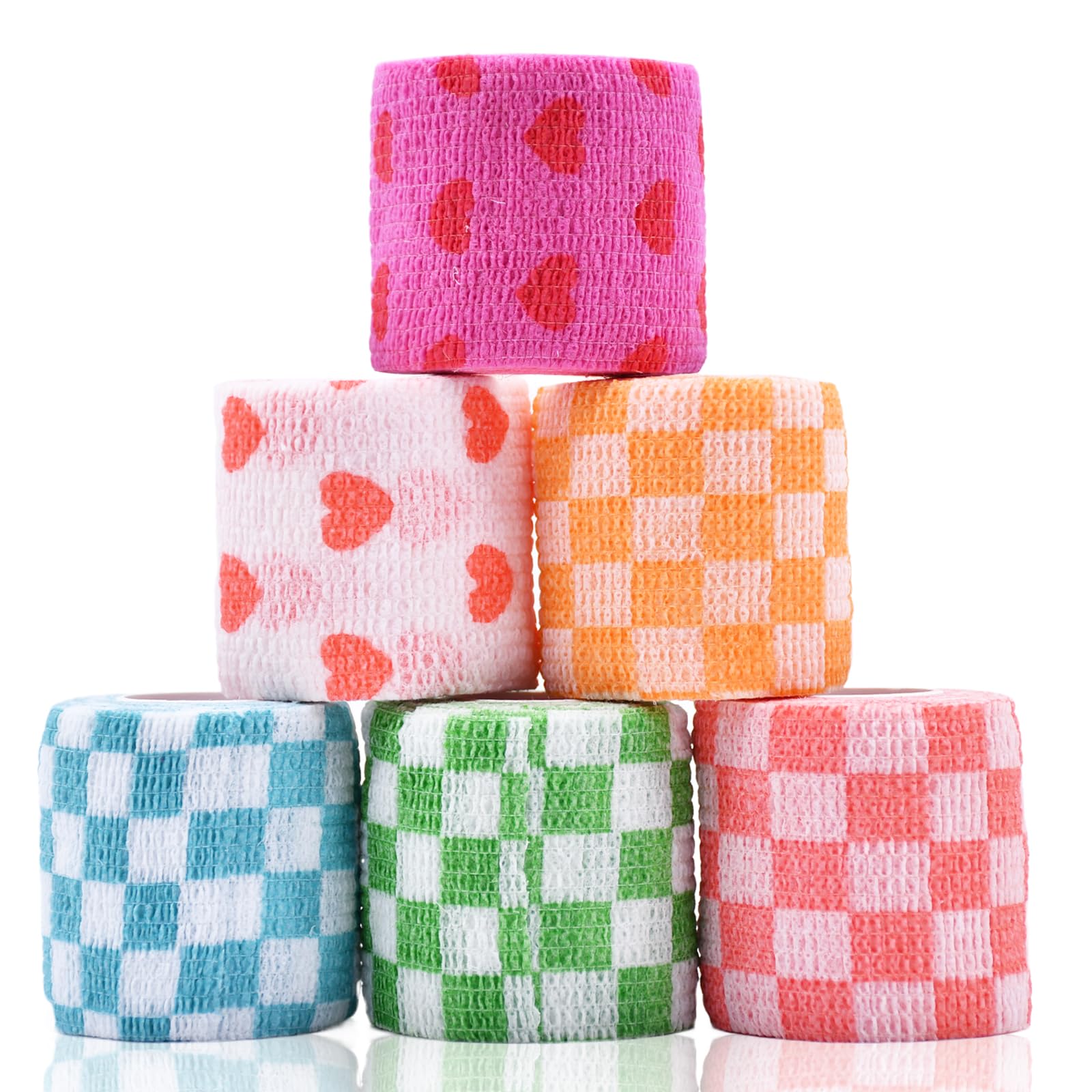 Photo 1 of 6 Roll 2 Inch x 5 Yards Checkered and Heart Print Pet Vet Wrap for Dogs Cats, Cohesive Bandages in Bulk, Non-Woven Self Adhesive Bandages Wrap Roll for Animals Wound Care, Ankle Sprains and Swelling