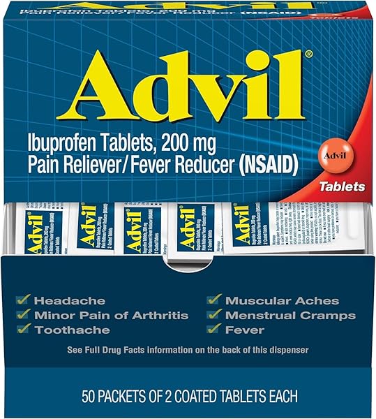 ADVIL IBUPROFEN TABLETS, 200 MG PAIN RELIEVER/FEVER REDUCER (NSAID), 100 TABLETS (50 PACKETS OF 2 TABLETS EACH)