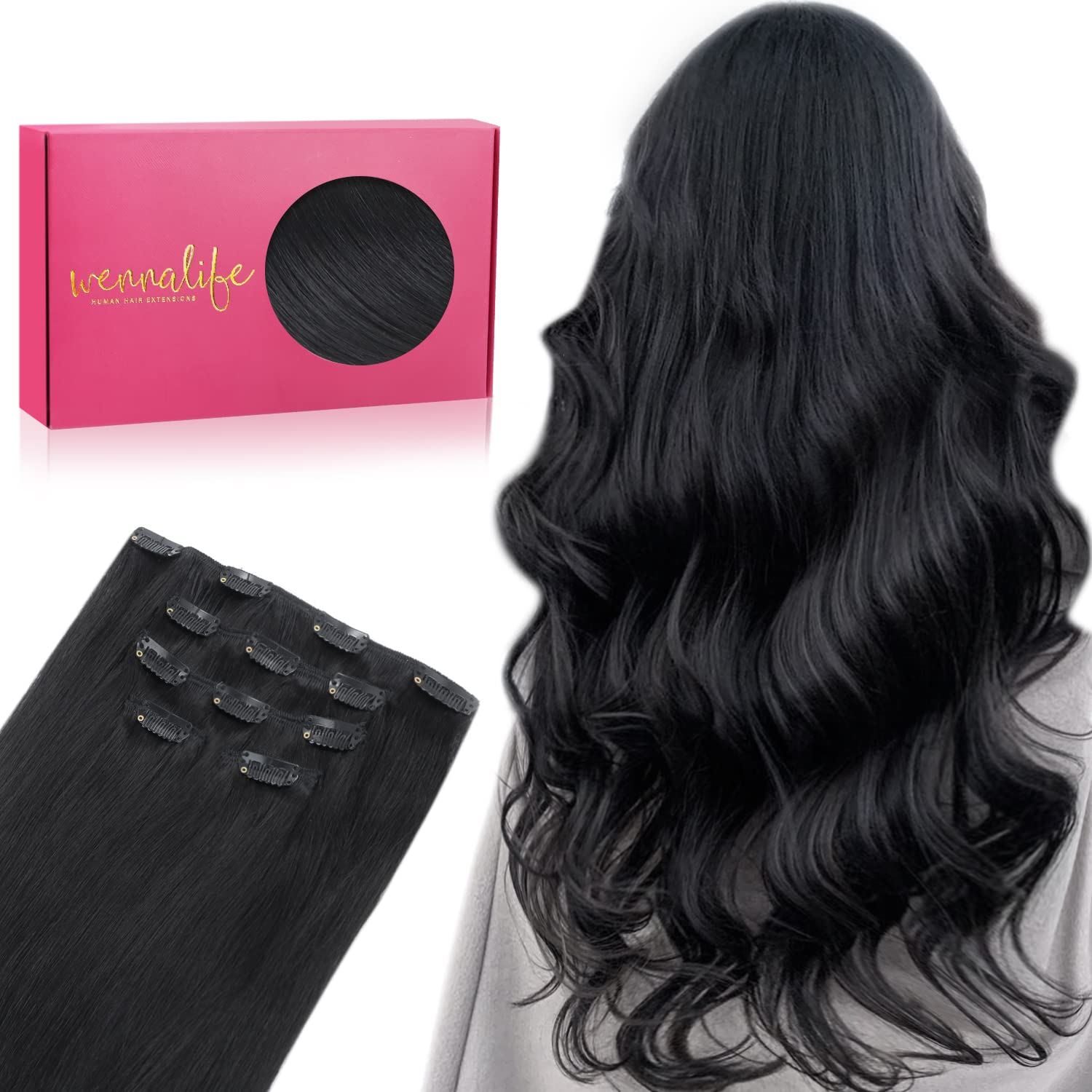 Wennalife Clip In Hair Extensions, 22 Inch 85g 5pcs Jet Black Hair Extensions Clip In Real Hair Remy Human Hair Extensions Natural Silky Clip In Human Hair Extensions — image 1