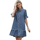 Allegra K Denim Dress for Women's Babydoll Ruffle Short Sleeve Button Casual Mini Jean Dresses with Pockets