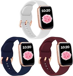 SinJonden 3-Pack Bands Compatible with Apple Watch 42mm 44mm 38mm 40mm, Silicone Bands with Rose Gold Buckle for iWatch Series SE/6/5/4/3/2/1 Women (38mm/40mm-M/L, White/Midnight Blue/Wine Red)