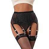 ohmydear Plus Size Garter Belt with 6 Metal Clips & Sexy G-string Thong See Through Lace Garter Lingerie Set for Thigh Highs