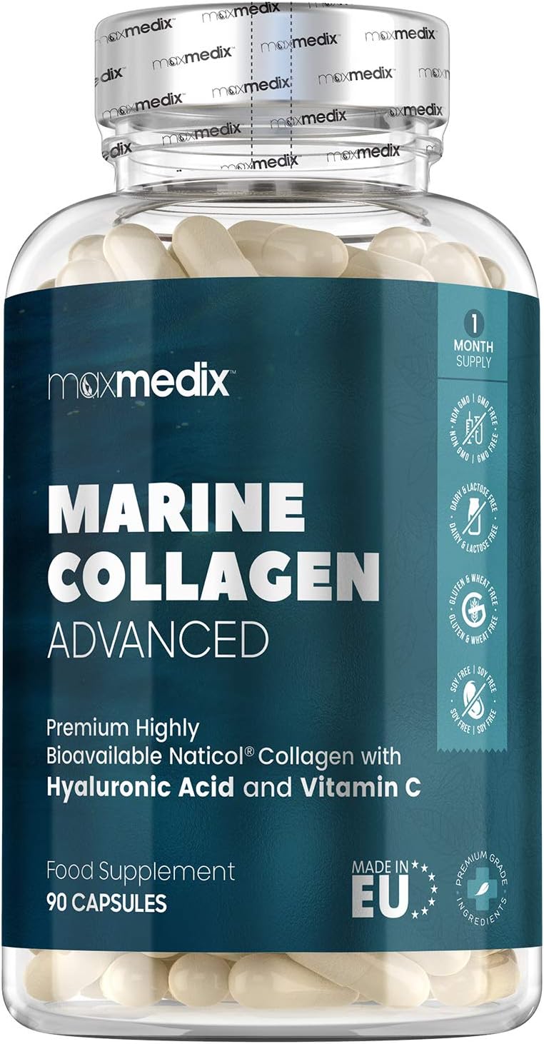 Marine Collagen with Hyaluronic Acid,Vitamin C - 1200mg - 90 Capsules - Hydrolyzed NatiCOL Marine Collagen Peptides Supplement for Hair,Skin & Nails,Pure Wild Caught Fish Collagen - Made in UK
