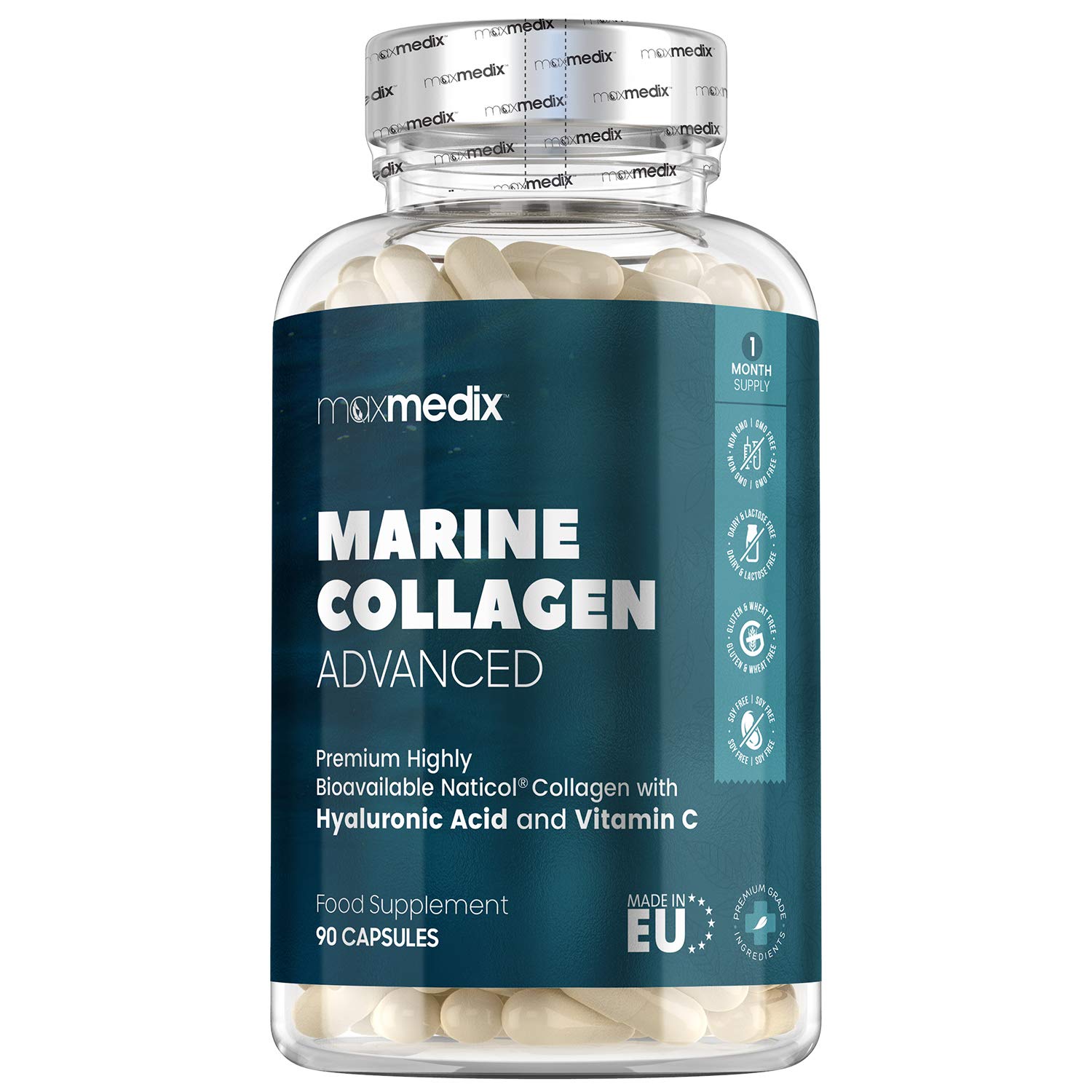 Marine Collagen with Hyaluronic Acid,Vitamin C - 1200mg - 90 Capsules - Hydrolyzed NatiCOL Marine Collagen Peptides Supplement for Hair,Skin & Nails,Pure Wild Caught Fish Collagen - Made in UK