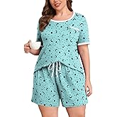 Lastshe Plus Size Pajamas Set for Women 2 Piece Soft Short Sleeve Shorts with Pockets Pjs Lounge Set Loungewear