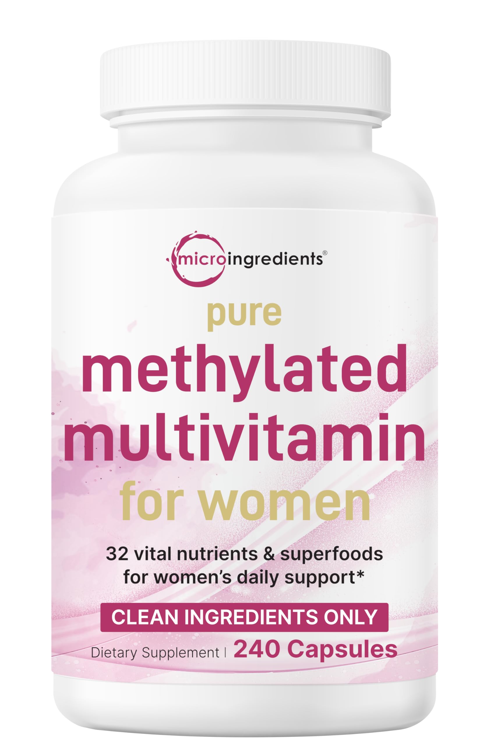 Photo 1 of Micro Ingredients Pure Methylated Multivitamin for Women, 240 Capsules | 32-in-1 Formula with Vitamin B, C, D + Iron, Methylfolate & More | Supports Women 's Daily Wellness | Filler Free, Non-GMO (EXP 07/2027)