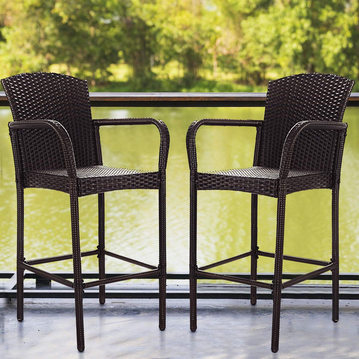 Casart Set of 2 Outdoor Patio Chairs, Rattan Wicker Bar Stool with Armrest for Garden, Backyard and Balcony