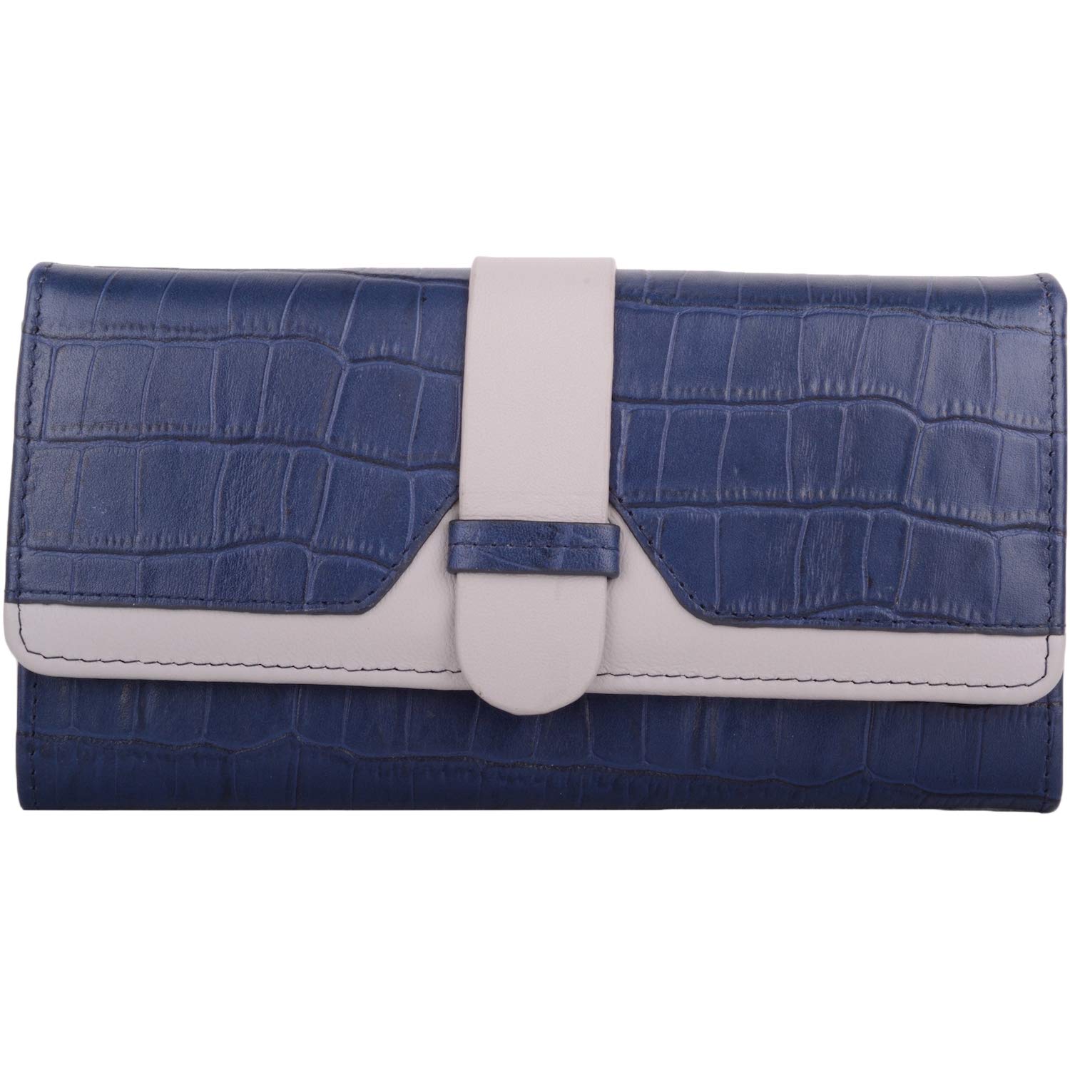Womens Soft Leather Bi-Fold RFID Protected Money/Credit Card Purse with Croc Design - Blue/Ivory