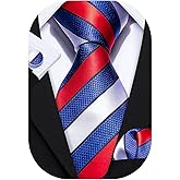 Barry.Wang Tie Sets for Men Silk Stripe Necktie Woven Checkered Handkerchief Cufflinks Formal Business Wedding