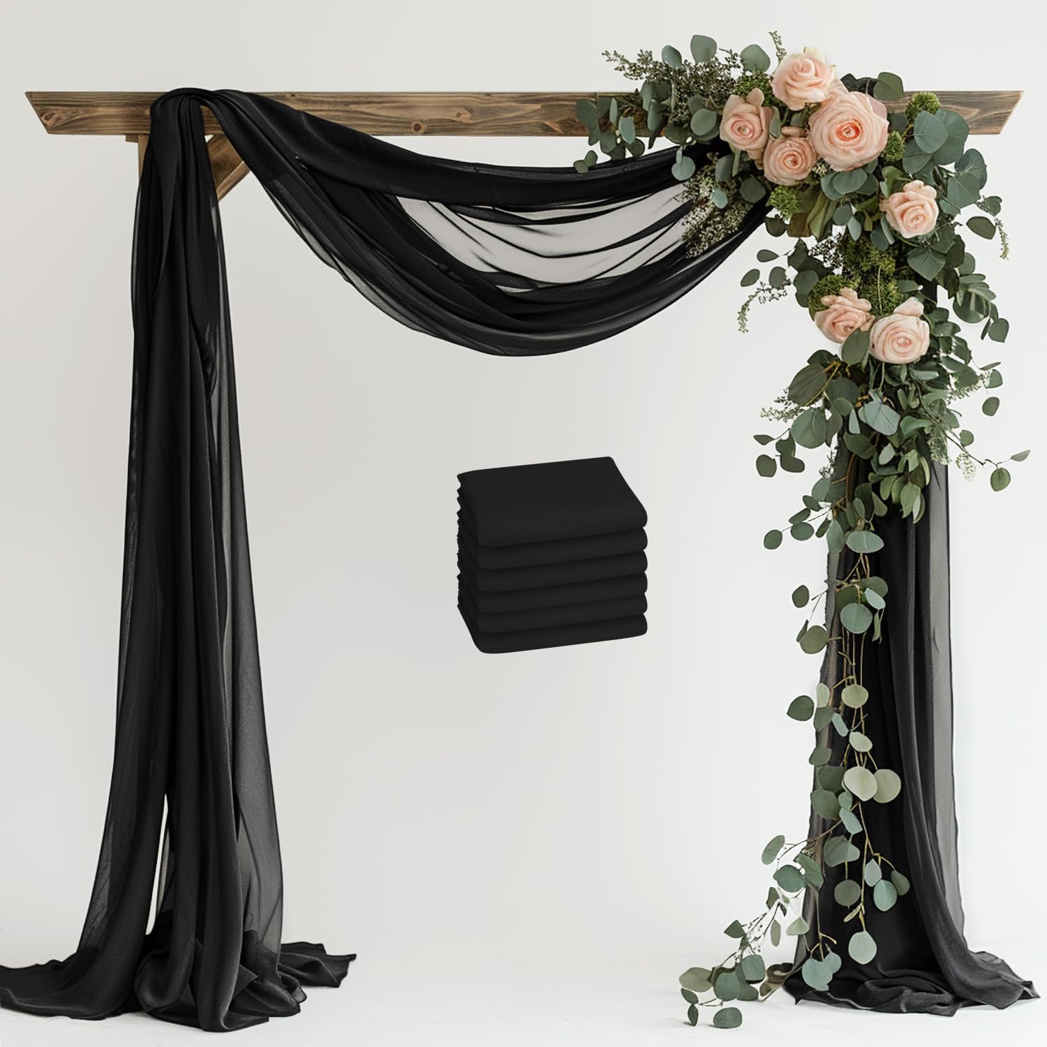 Photo 1 of Xiomot Wedding Arch Draping Fabric 6 Panels 28.7" x 20FT Black Sheer Chiffon Backdrop Drapes for Wedding Ceremony Birthday Party Bridal Shower Outdoor Decoration