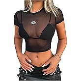 SHENHE Women's Y2K Mesh Sheer Crop Tops Short Sleeve Crew Neck Party Club Fitted T Shirts