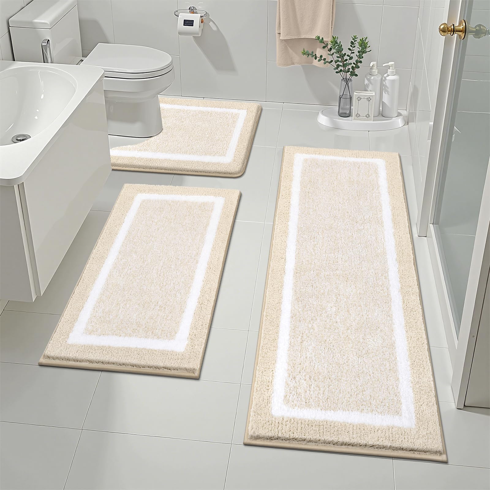 Photo 1 of Pauwer Bathroom Rugs Sets 3 Piece Bathroom Shower Rugs with U-Shaped Contour Toilet Mat Absorbent Microfiber Plush Bath Mats Non Slip Bath Rugs Machine Washable Shaggy Bath Floor Mats, Light Beige