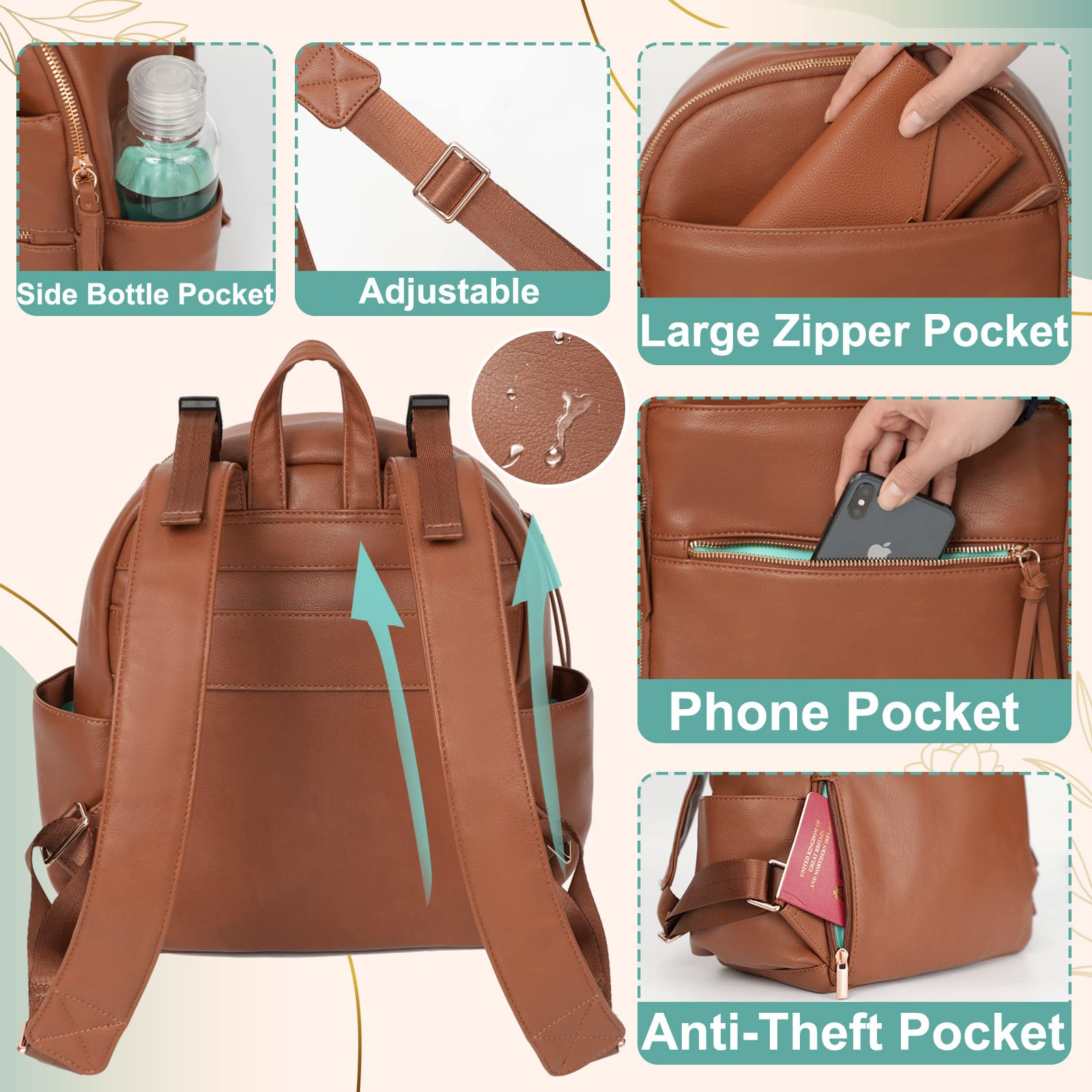 MOMINSIDE MOMINSIDE Small Diaper Bag Backpack, Mini Diaper Bag with 11 Pockets, Leather diaper backpack, Baby Diaper Bag for Baby Girls, 2 Insulated Pockets, Stroller Straps (Brown)