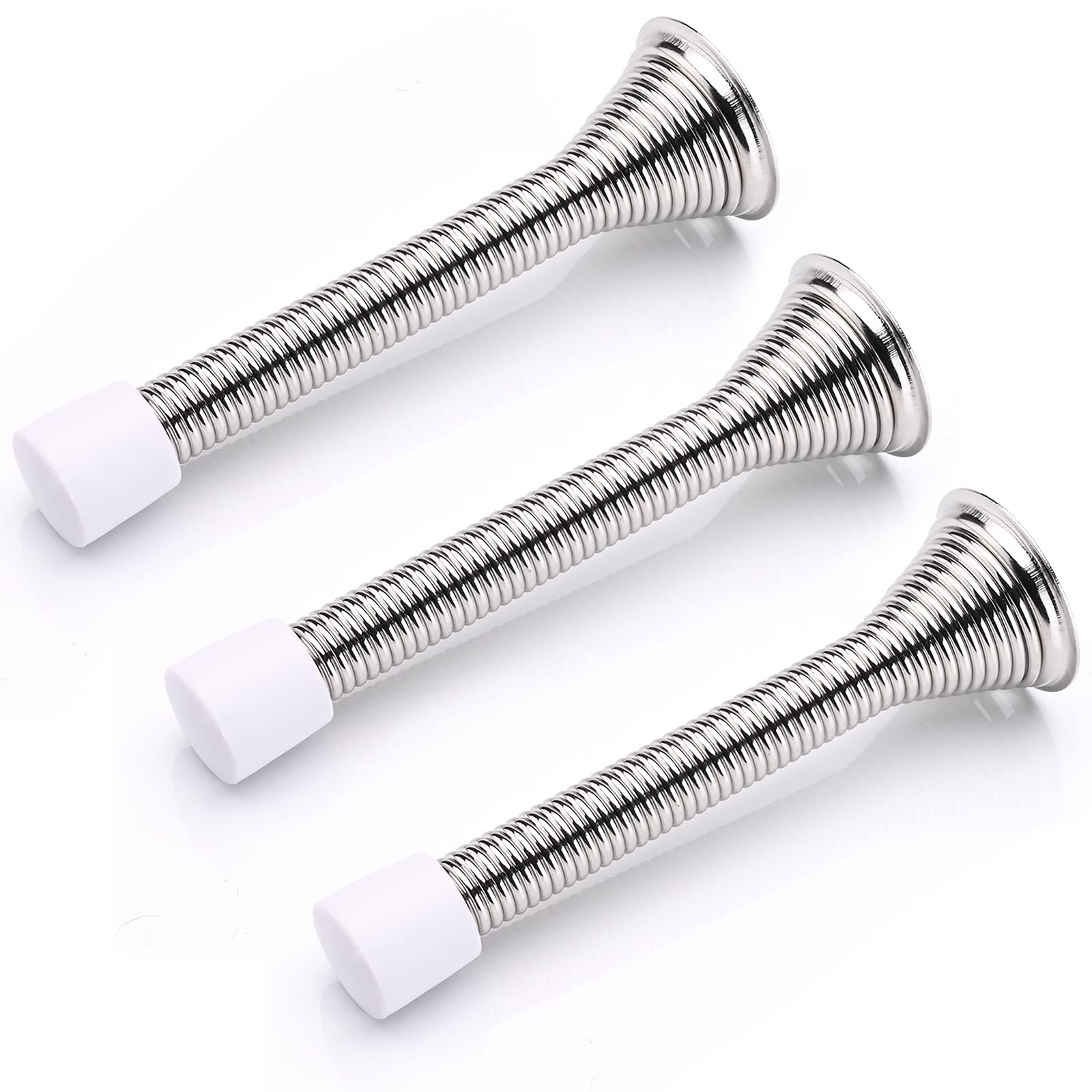 Melofo 85 mm Spring Door Stop 3 Pack Wall Mounted Spring Door Stopper Metal Door Stop Skirting Board Buffer Doorstop with Base Screws Rubber Bumper Tips for Protect Walls and Doors