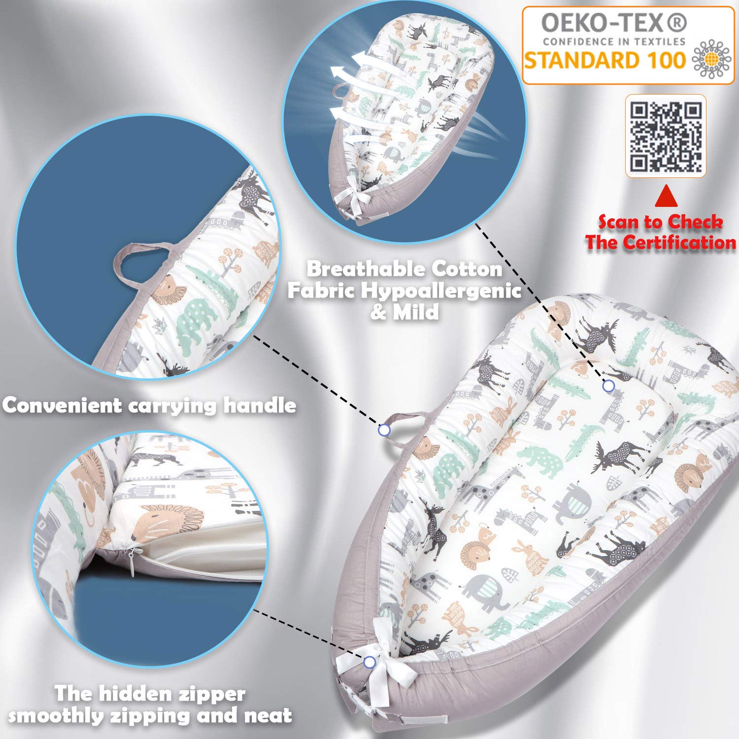 Cosy Nation Baby Lounger, Baby Nest for Co Sleeping Portable Newborn Lounger, 100% Soft Breathable Cotton, Partner for Crib & Bassinet, Perfect for Traveling and Napping, Newborn Shower Gift (Animal): Baby