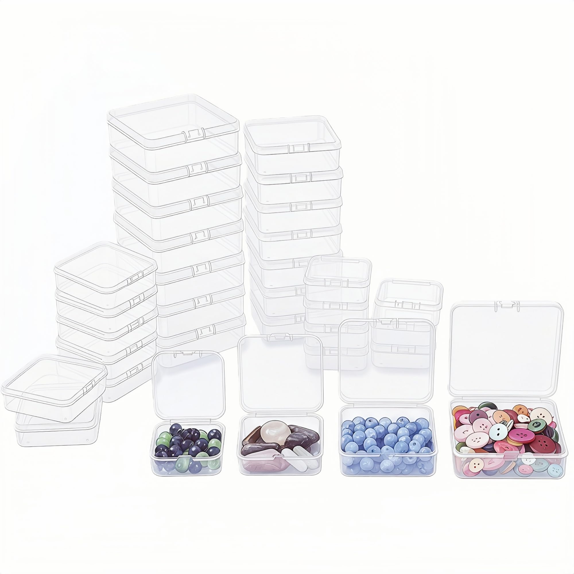 LJY 32 Pack Transparent White Mini Plastic Boxes with Hinged Lid, Mixed Square Storage Box with Lids in 4 Sizes for Beads, DIY Craft Storage and Hardware Organiser Containers