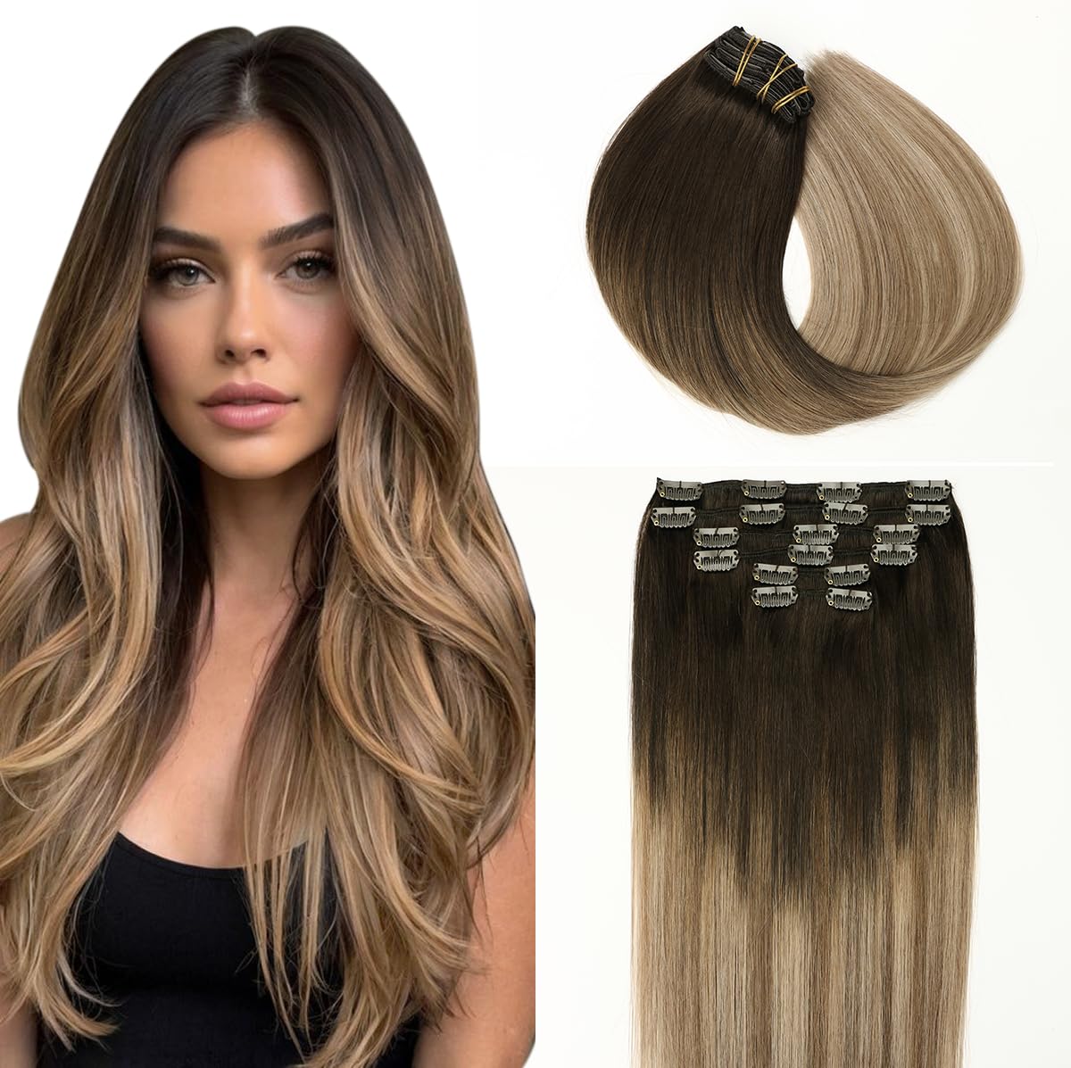 SURNEL Clip in Hair Extensions Human Balayage Brown Mix Blonde Highlighted Remy Double Weft Clip in Hair Extensions Straight 16inch 6pcs 100g (C#/2/6/18,16'') — image 1