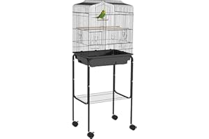 PawHut 49" Metal Bird Cage with Rolling & Detachable Stand, Parrot Cage with Accessories, Wheels, Storage Shelf for Finches, 