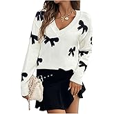 BEAUDRM Women's Bow Print Sweaters V Neck Lightweight Sweater Long Sleeve Pullovers Knit Top