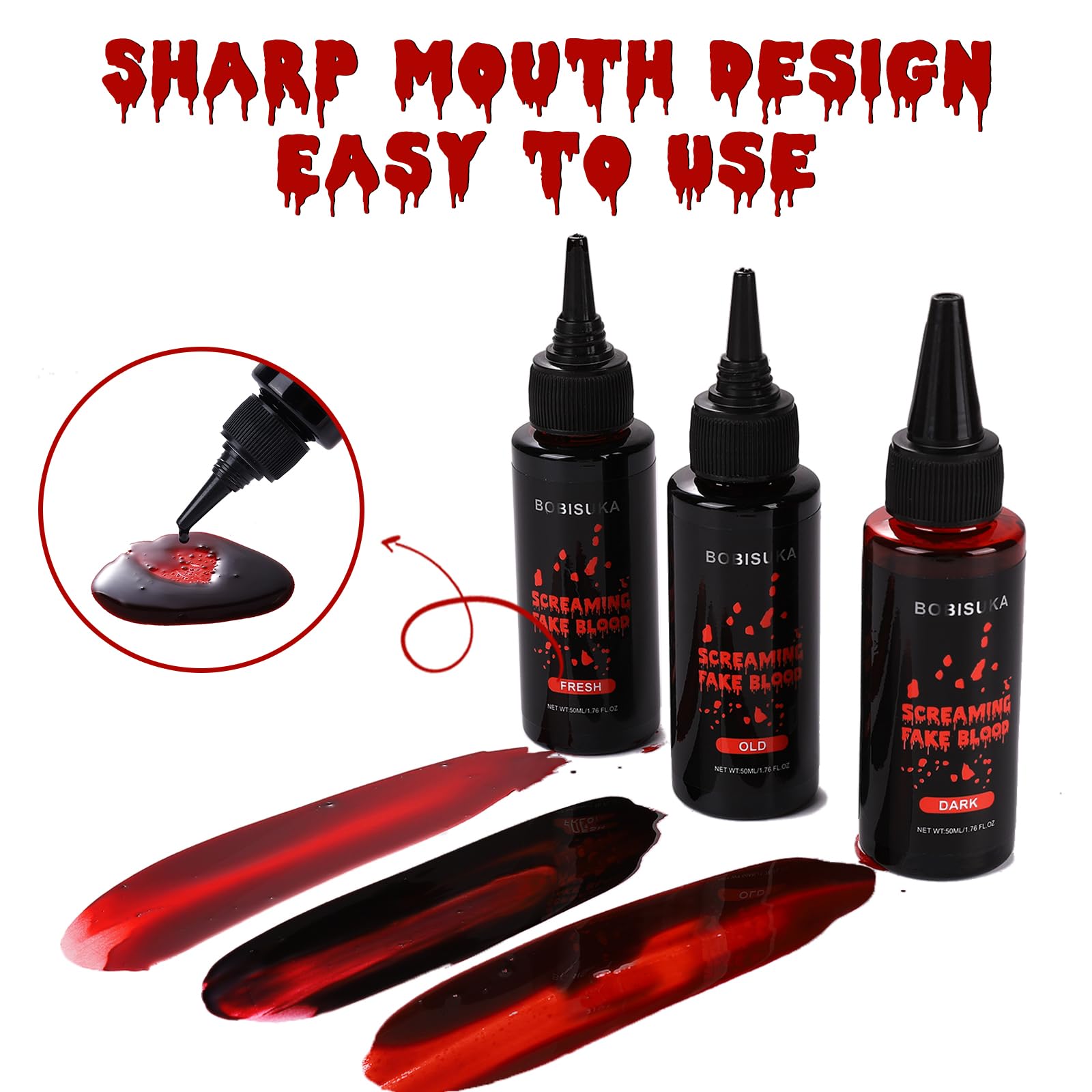 BOBISUKA Halloween Fake Blood, Dark Fake Blood 1.76oz, Realistic Washable Liquid Dripping Fake Blood Makeup Kit for Halloween, SFX Makeup, Cosplay Party, Stage, Horror Film