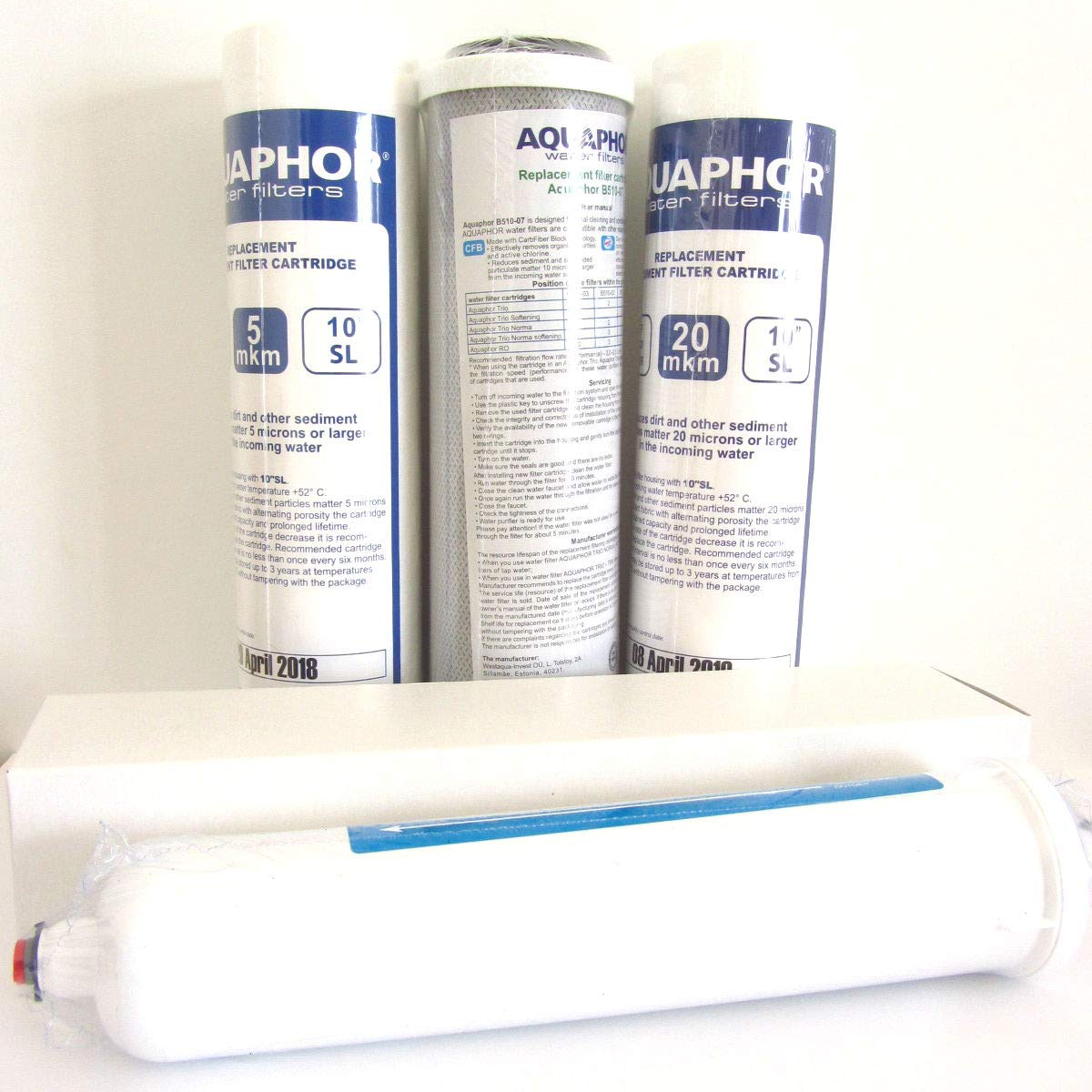 Kit of 4 spare filters: set of 3 filters 2.5 x 10'' SL (20 mk + Carbon Block Filter + 5 mk) and 10''x2'' 1/4 JG for water purifier, 10 inch Osmosis systems