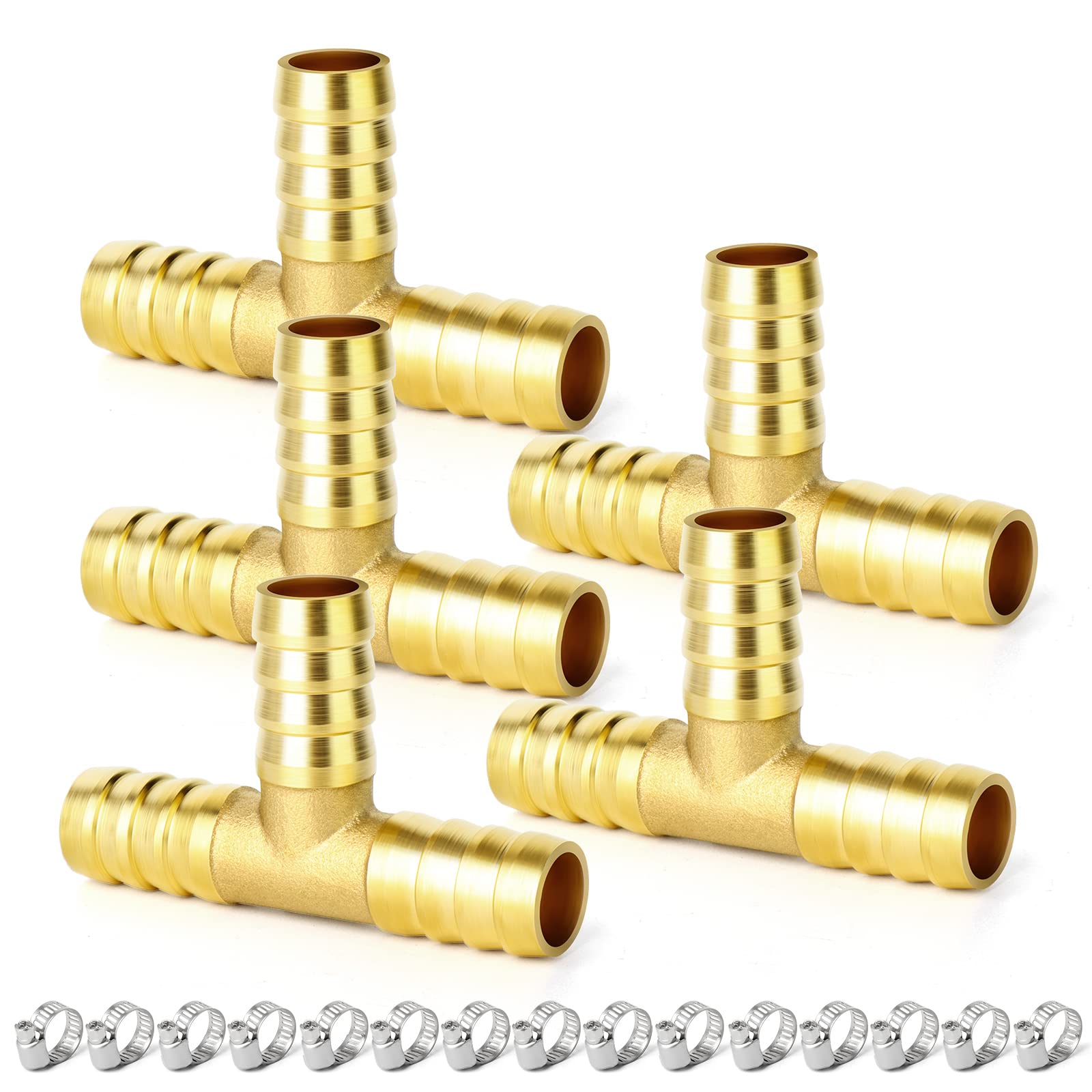 ERGAOBOY 5Pcs 10mm Brass Barbed Tee Fitting, 3-Way T Shape Hose Barb Connector with 15Pcs Clamps for Water/Air/Gas/Plumbing