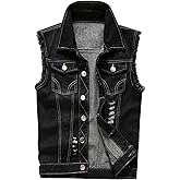 LONGBIDA Men's Denim Vest Casual Slim Fit Sleeveless Jacket Vintage Ripped Summer Jean Vests