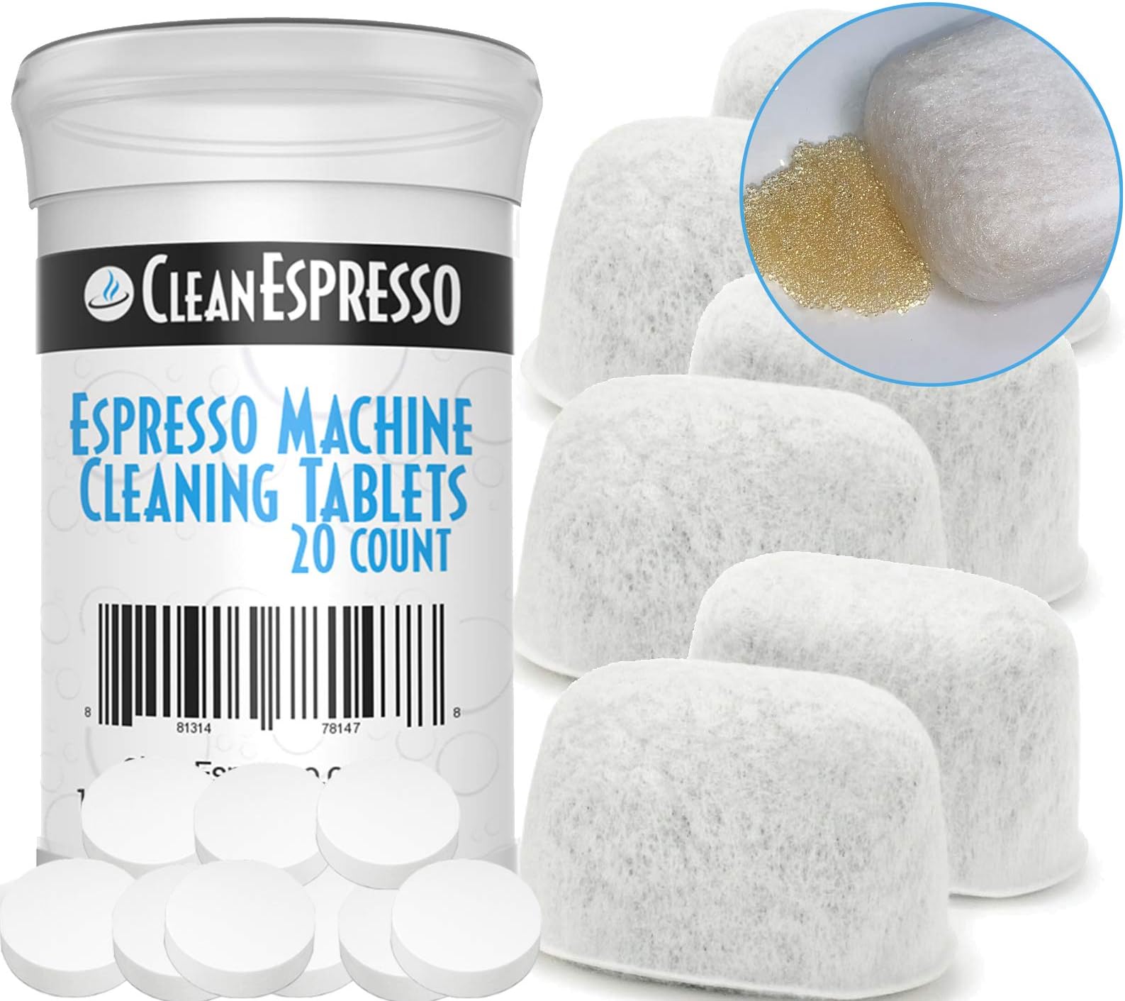 Espresso Machine Cleaning Tablets + Ion Exchange Resin Water Filter - Breville Espresso Machine Accessories. (20 Tablets + 6 Ion Resin Filters)
