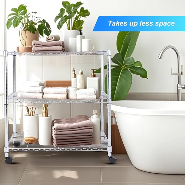 WHITMOR 3 TIER STORAGE SHELVES, HEAVY DUTY WITH WHEELS, 400 LBS CAPACITY PER SHELF, MAX 1200 LBS TOTAL, ADJUSTABLE SHELVING UNIT FOR GARAGE, KITCHEN, BATHROOM, 24″ L X 14″ W X 30.5″ H, CHROME